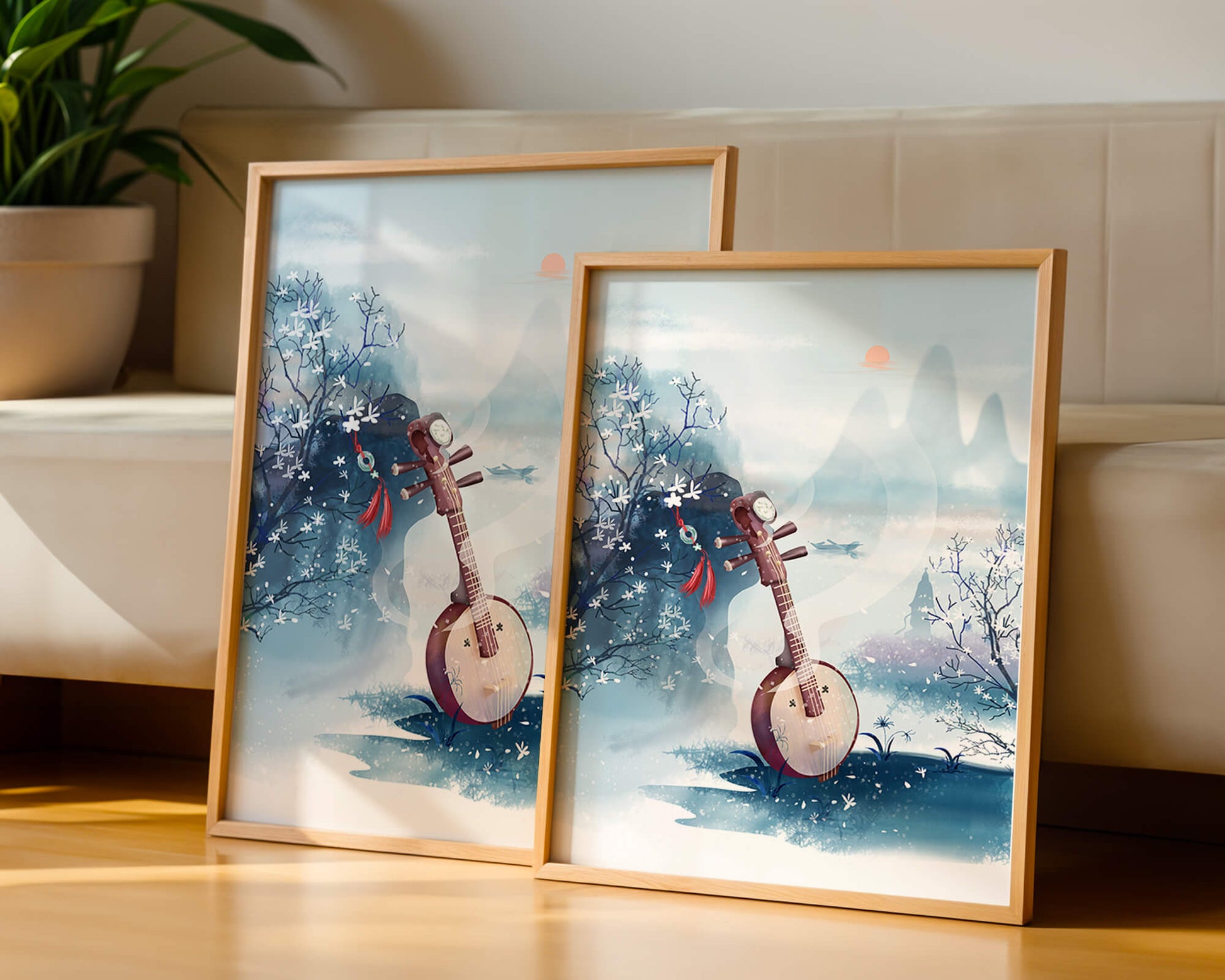 Paisaje tradicional chino con instrumento musical y flores