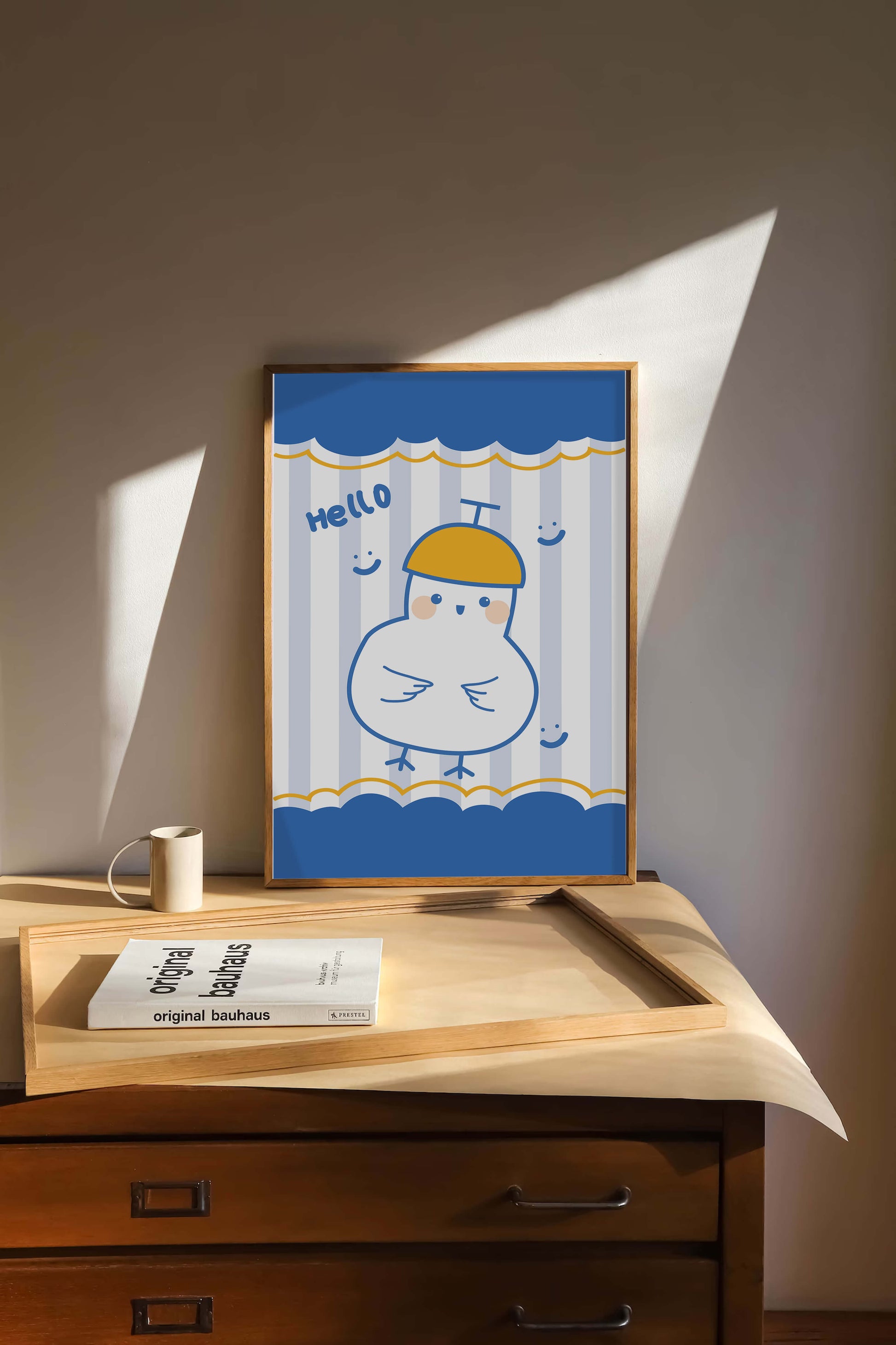 Cartoon bird illustration with cheerful design elements