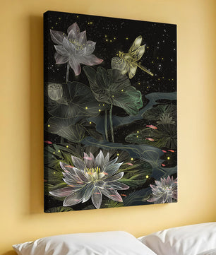 Lotus Flowers and Dragonfly in Nighttime Pond