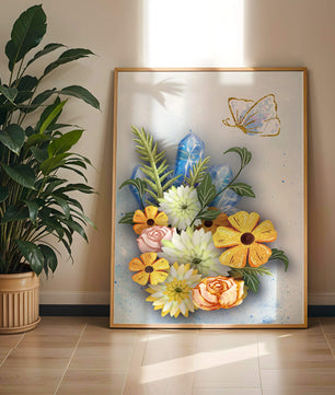 Floral and crystal arrangement with golden butterfly