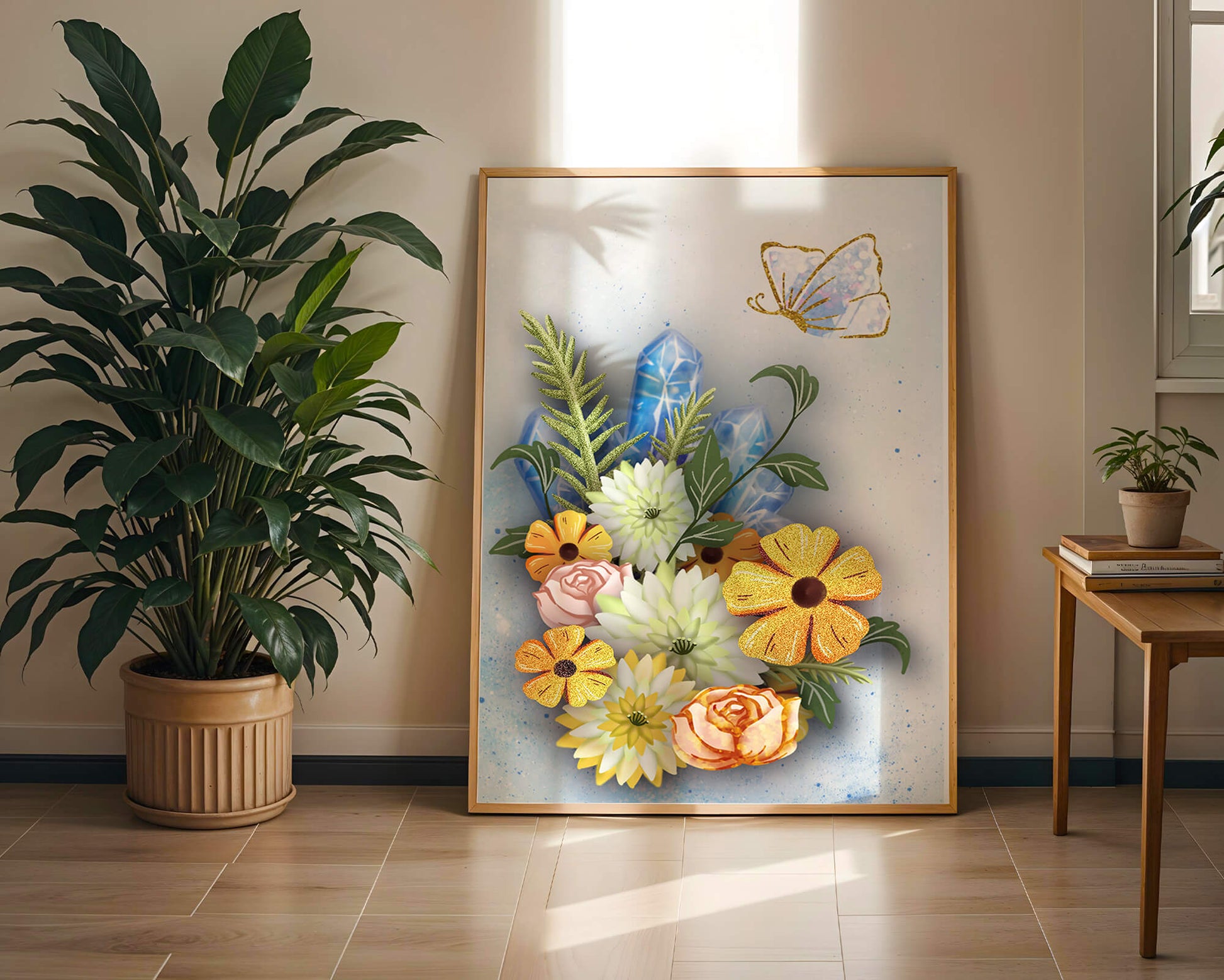 Floral and crystal arrangement with golden butterfly