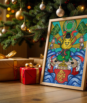 Colorful illustration of a mythical creature with traditional elements and vibrant colors