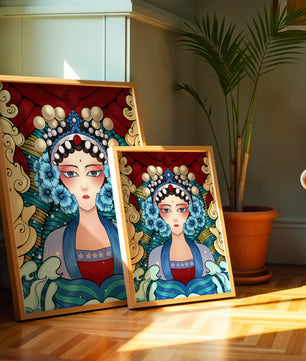 Traditional Asian Portrait with Vibrant Colors and Floral Details