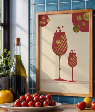 Stylish wine glasses with gold accents and a festive theme