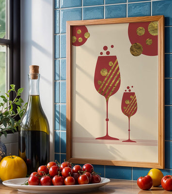 Stylish wine glasses with gold accents and a festive theme