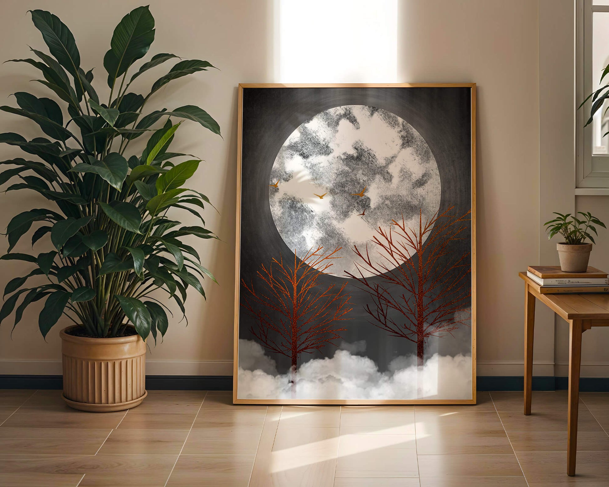 Surreal Night Scene with Trees and Golden Birds in Moonlight