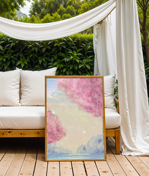 Serene Landscape with Cherry Blossom Trees and Tranquil Sky
