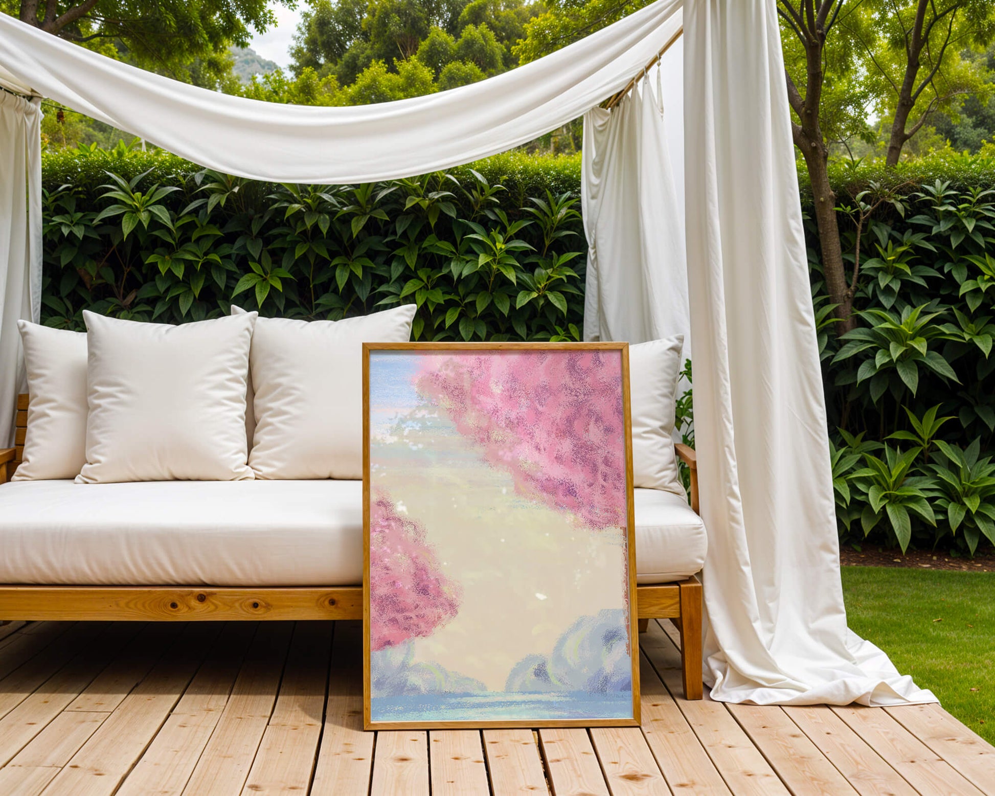 Serene Landscape with Cherry Blossom Trees and Tranquil Sky