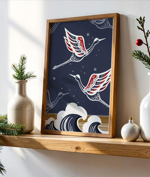 Illustrative cranes flying over ocean waves with dark background