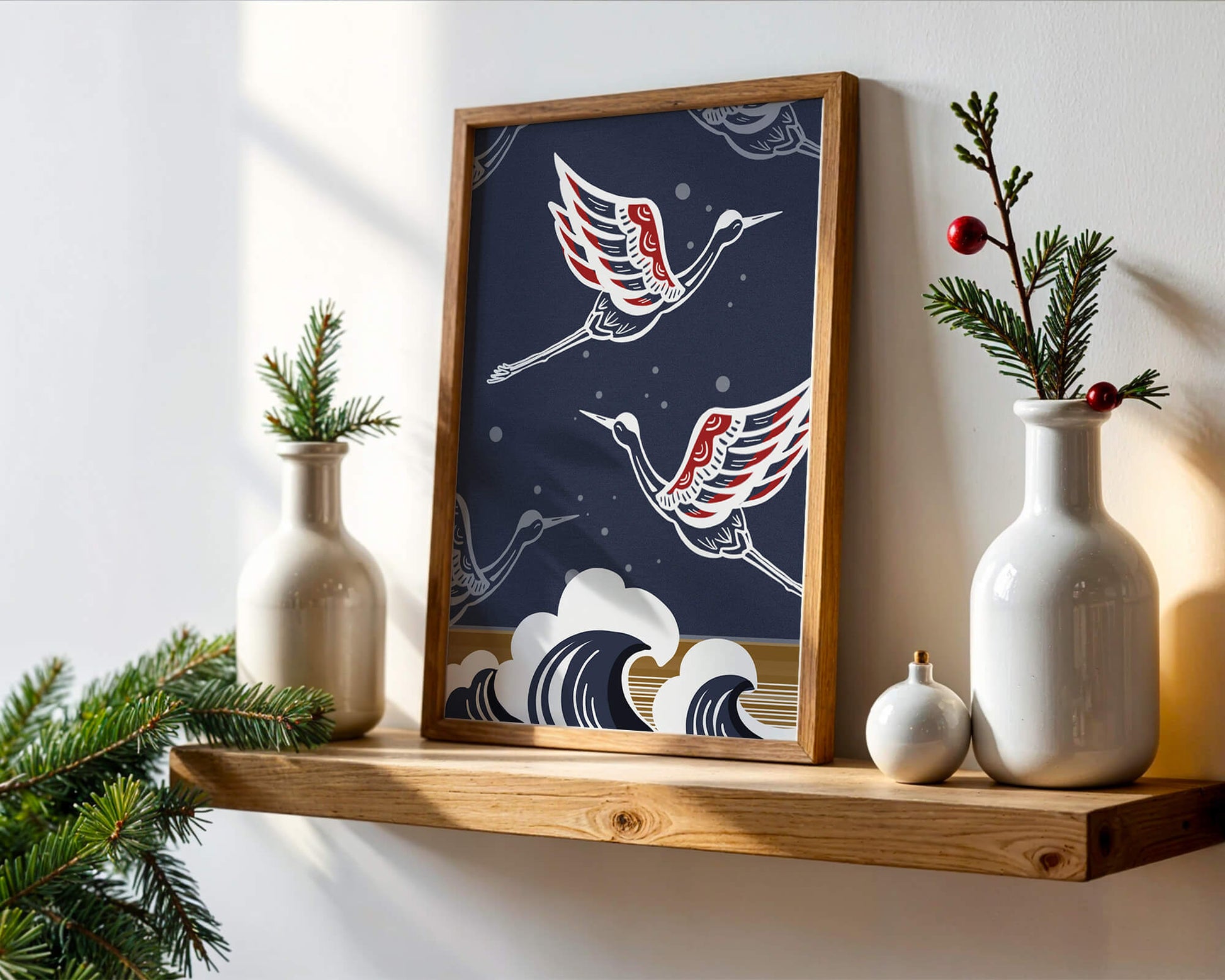 Illustrative cranes flying over ocean waves with dark background