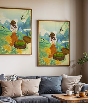 Young girl with basket in vibrant mountain landscape with birds and flowers