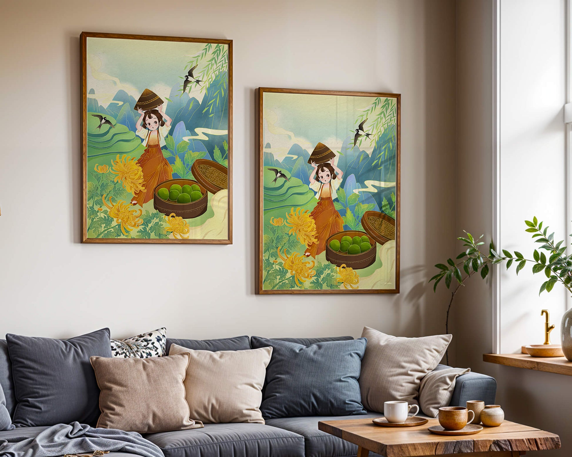 Young girl with basket in vibrant mountain landscape with birds and flowers