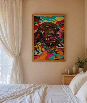 Cabeza de león abstracta y colorida con remolinos vibrantes