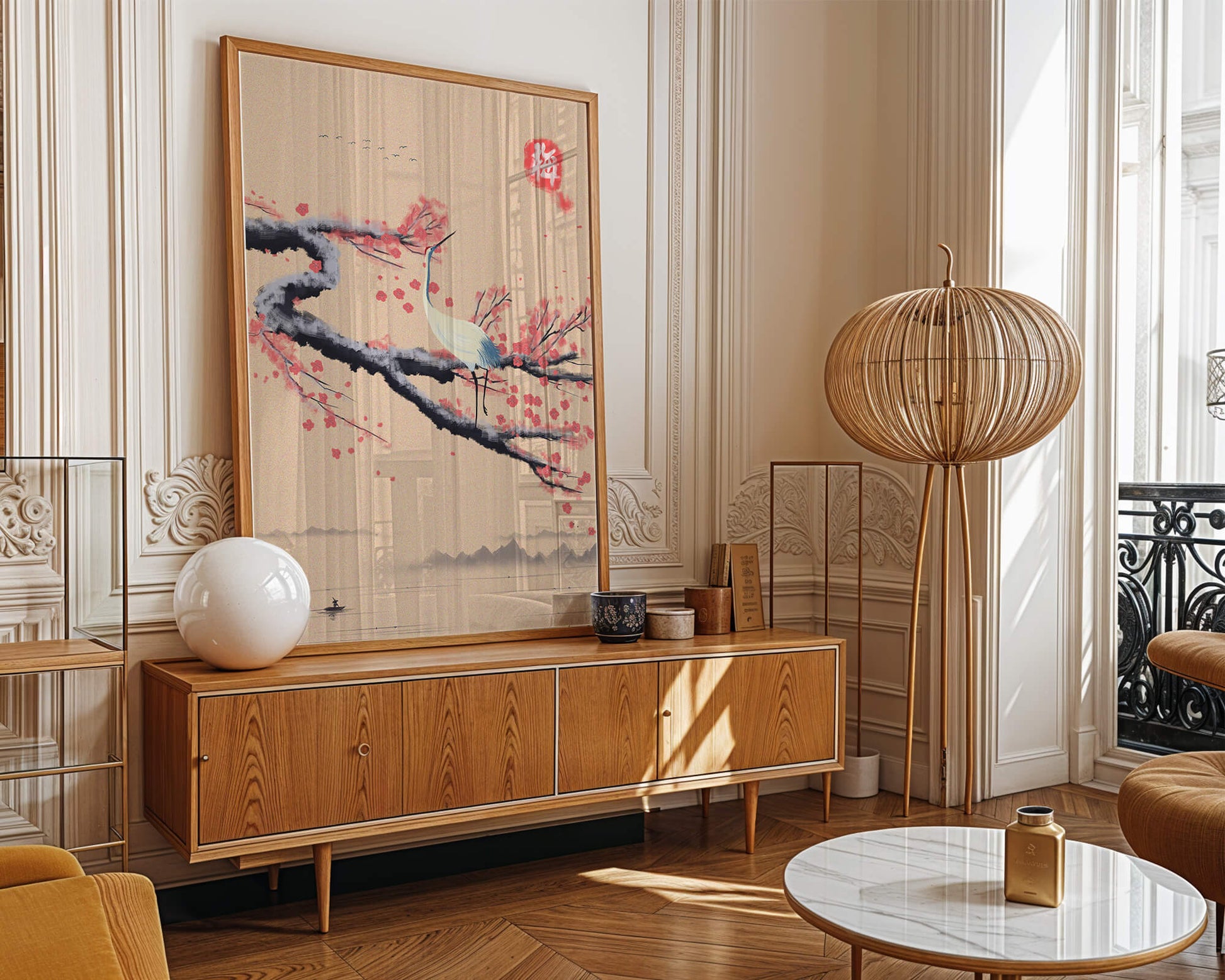 Elegant crane on cherry blossom branch with serene landscape