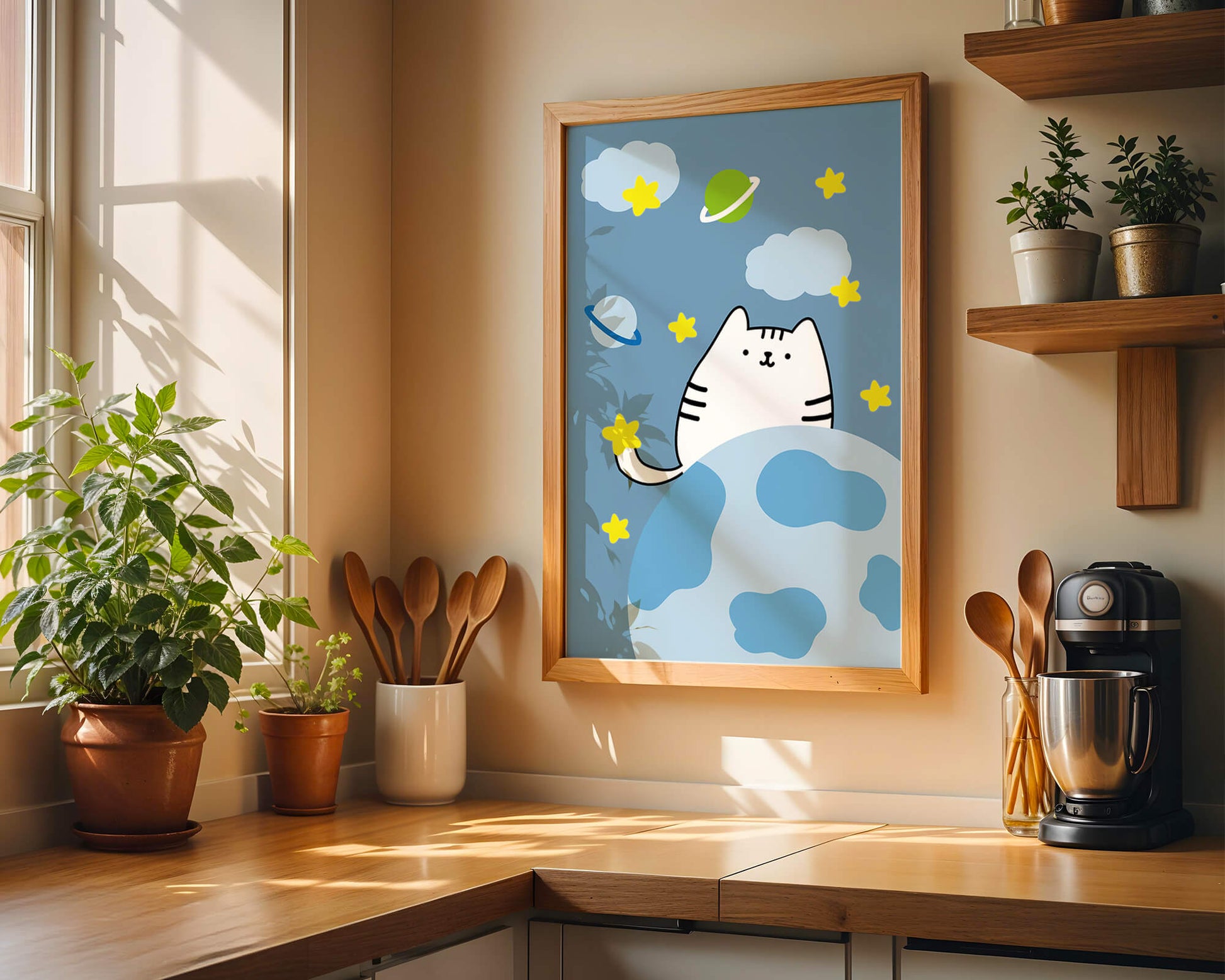 Ilustración encantadora de un gatito en una escena espacial caprichosa con nubes y estrellas