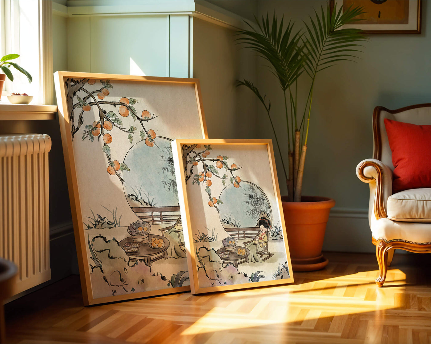 Tranquil garden scene with persimmons and serene figure