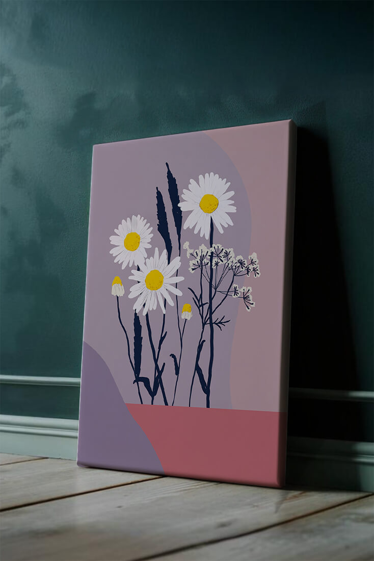 Illustrative floral artwork with daisies and abstract background