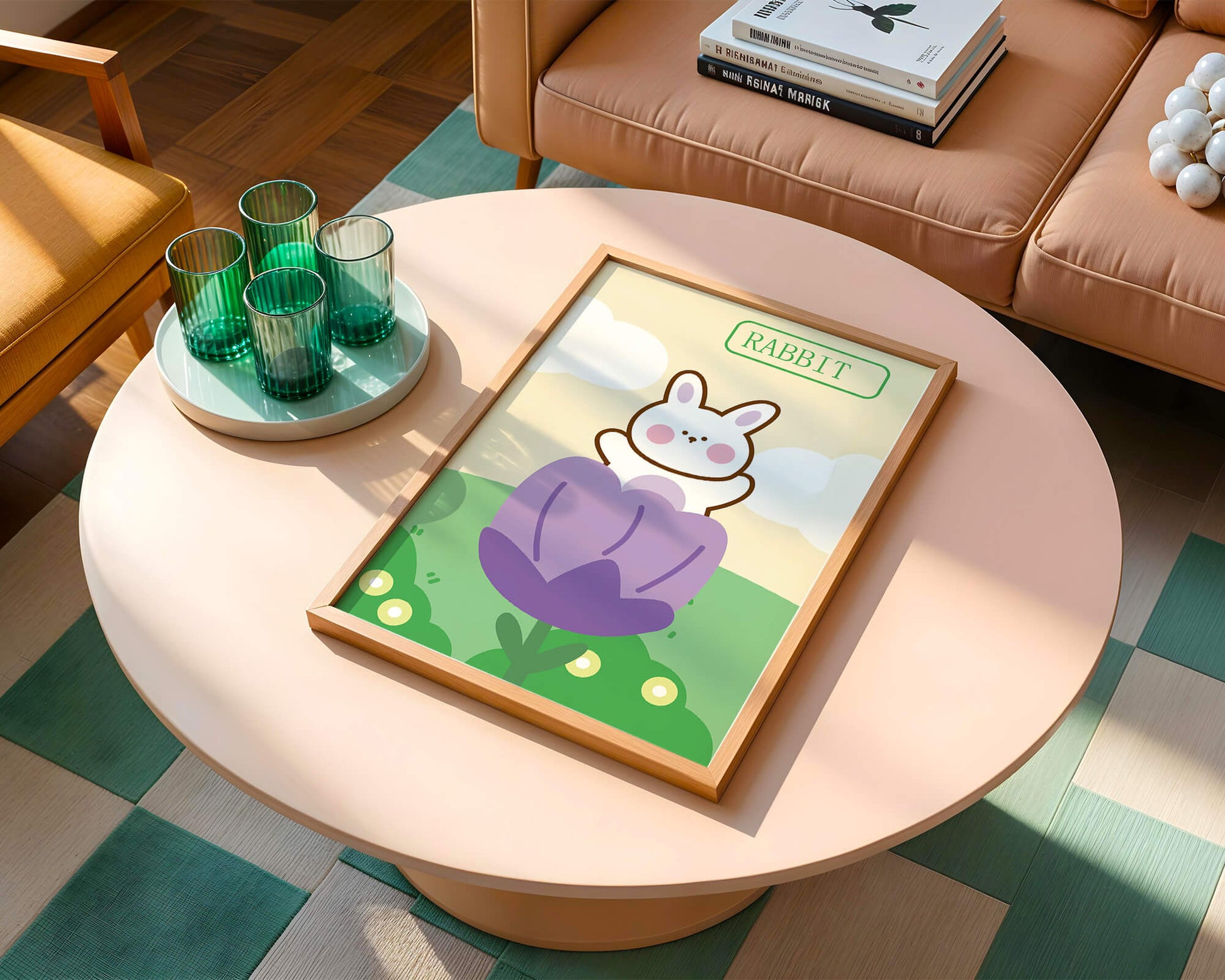 Ilustración caprichosa de un conejo adorable en una flor con colores pastel