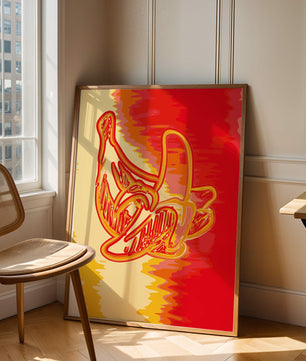 Abstract banana art with vibrant red and orange hues
