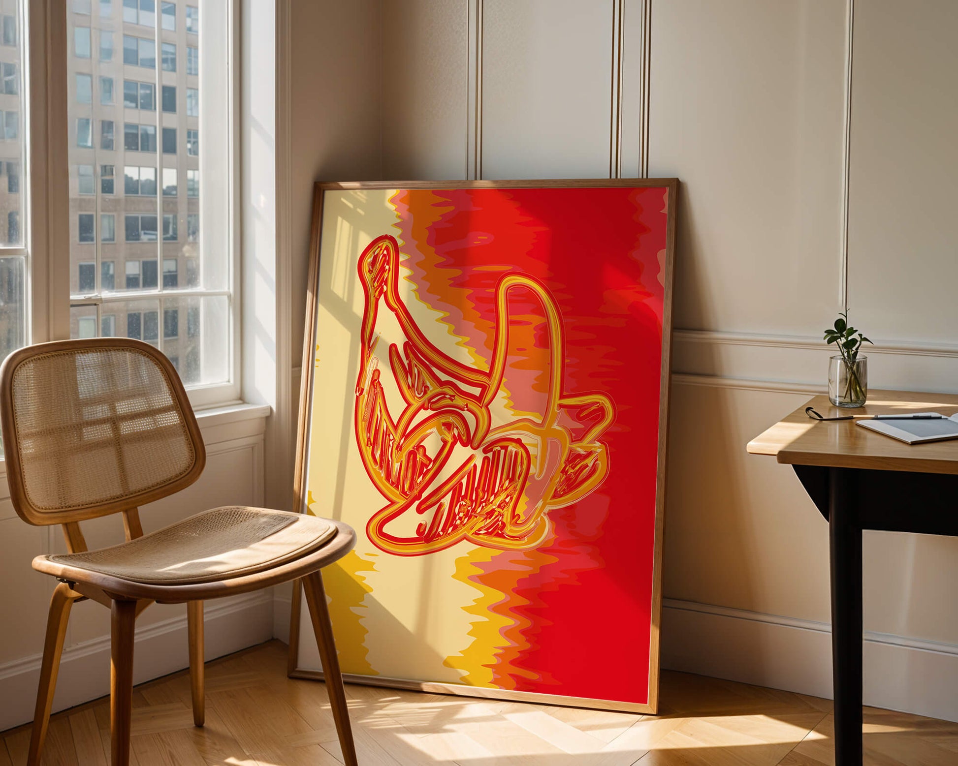 Abstract banana art with vibrant red and orange hues