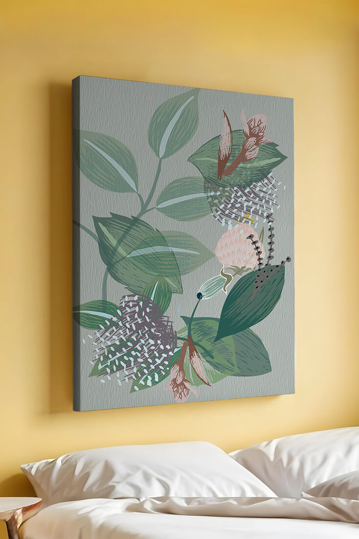 Floral botanical pattern with green leaves and delicate flowers