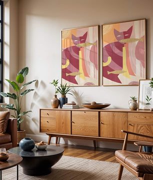 Abstract cat artwork with gold accents and colorful patterns