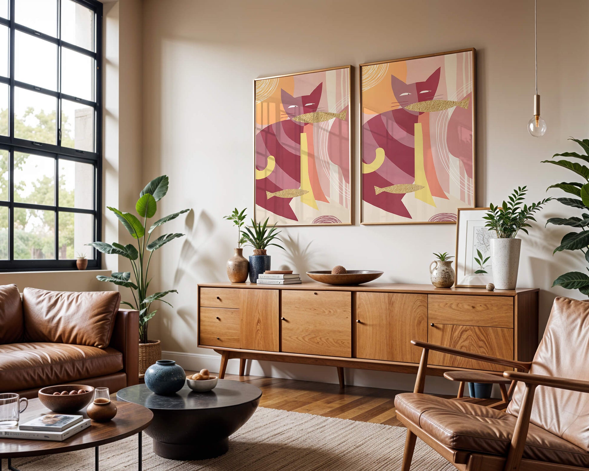 Abstract cat artwork with gold accents and colorful patterns