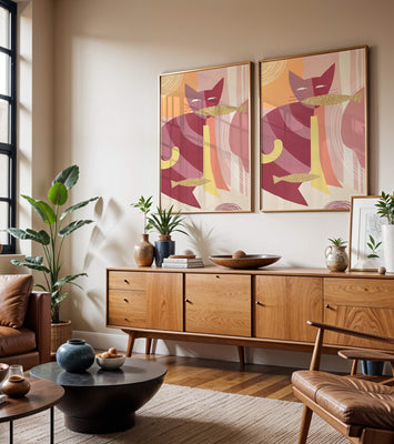 Abstract cat artwork with gold accents and colorful patterns