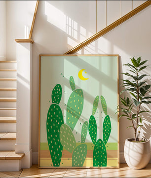 Desert cactus illustration with crescent moon