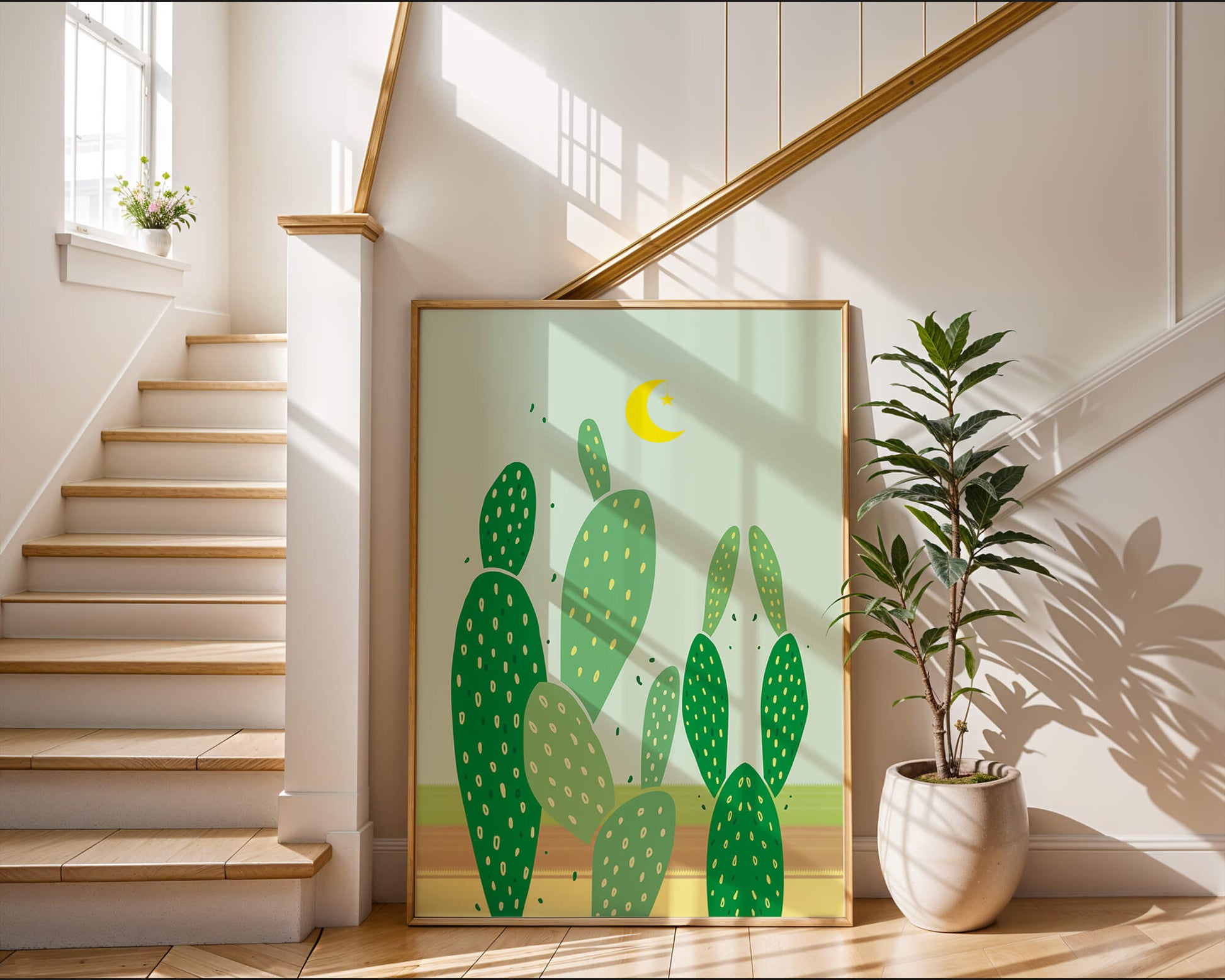 Desert cactus illustration with crescent moon
