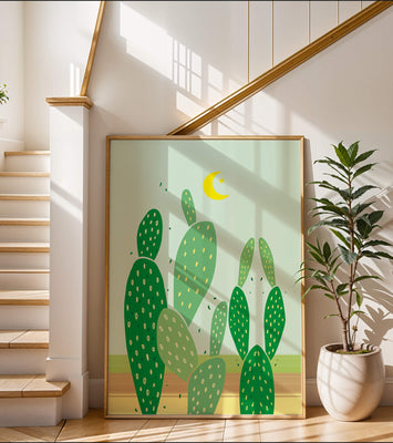 Desert cactus illustration with crescent moon