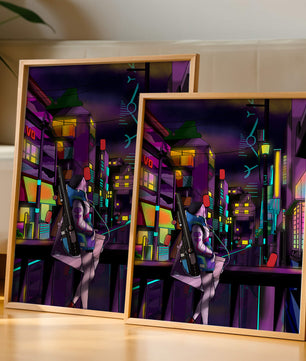 Paisaje urbano cyberpunk con un personaje futurista por la noche