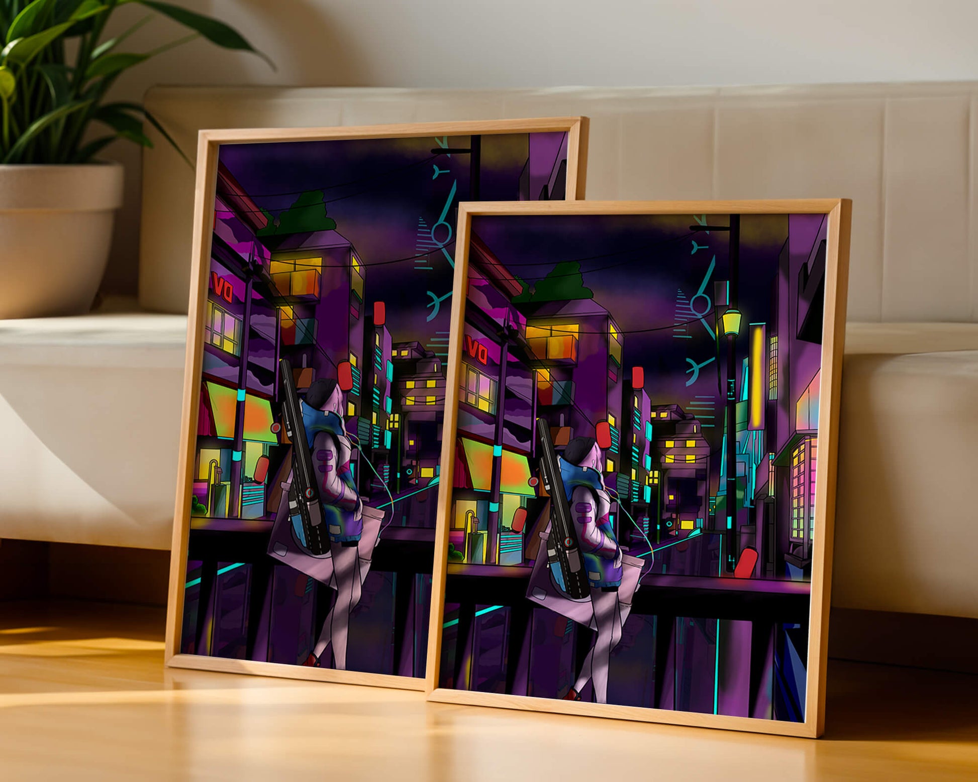 Cyberpunk cityscape with a futuristic character at night
