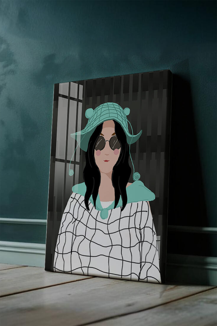 Illustration of a woman in a colorful hat and sunglasses