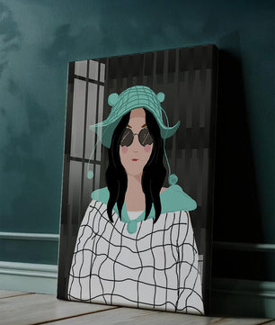 Illustration of a woman in a colorful hat and sunglasses
