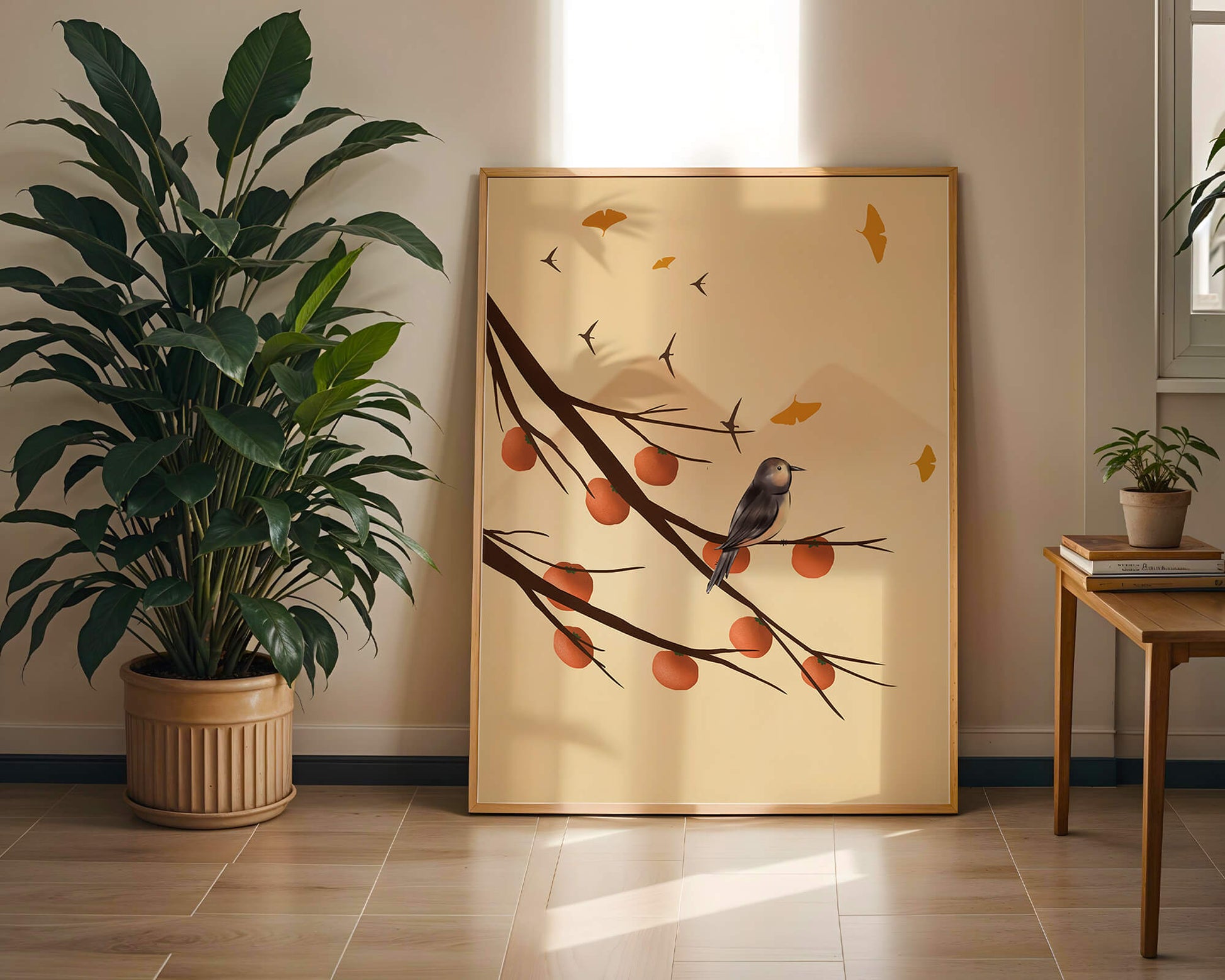 Bird Perched on Branch with Red Fruits and Flying Leaves