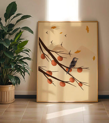 Bird Perched on Branch with Red Fruits and Flying Leaves