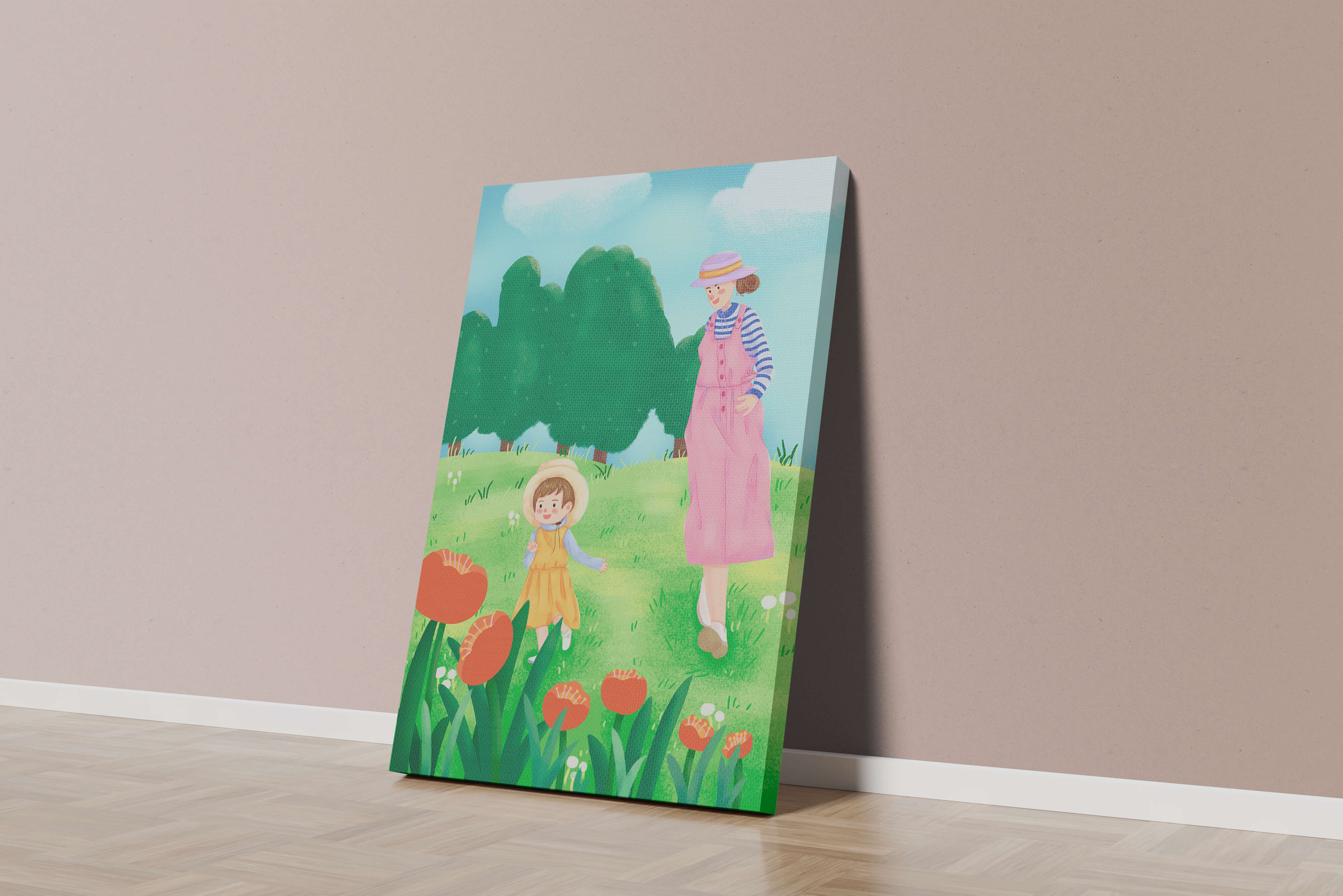 Mother and child in a floral garden under clear skies