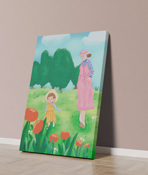Mother and child in a floral garden under clear skies