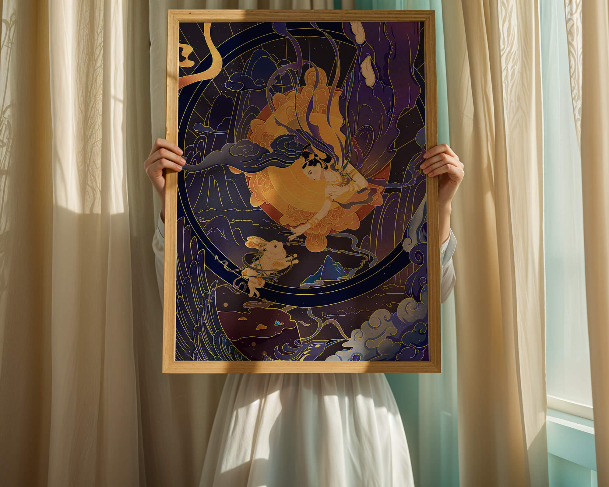 Elegant goddess reaching towards a celestial rabbit in a cosmic scene