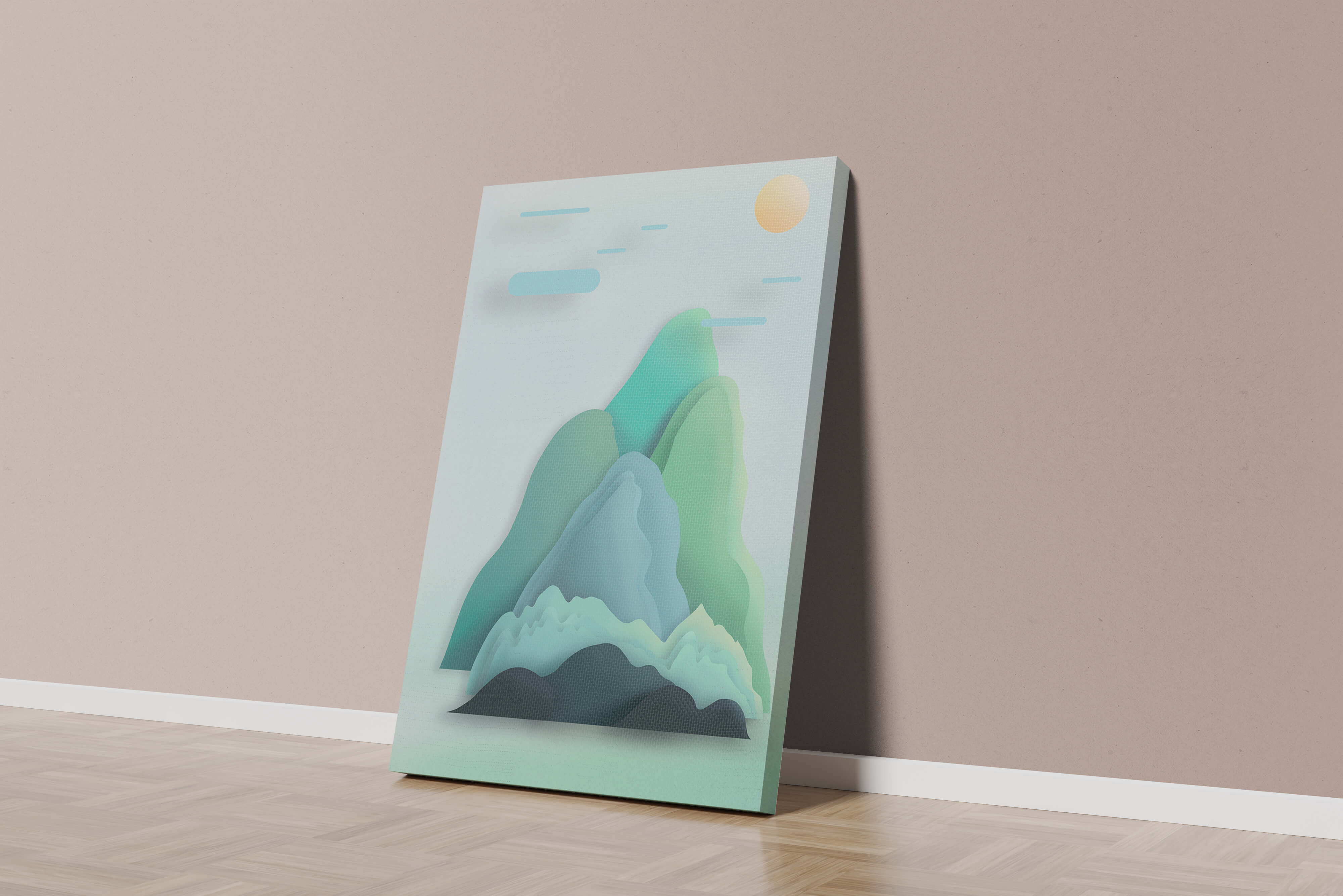 Minimalistic mountain landscape with vibrant colors and abstract layers