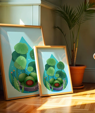 Nature-inspired abstract illustration with leaves and spheres