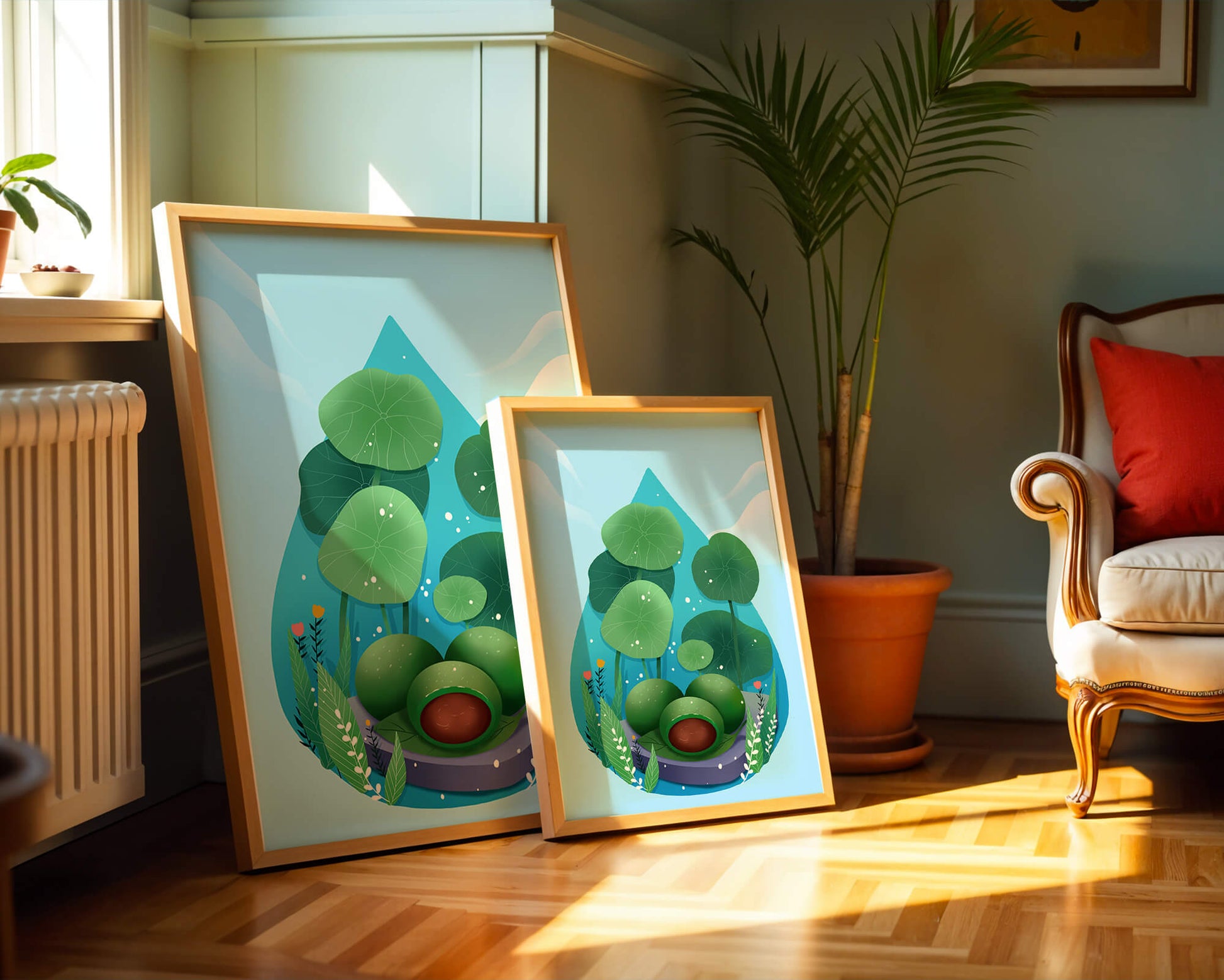 Nature-inspired abstract illustration with leaves and spheres