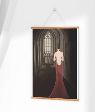 Elegant woman in a red dress inside a gothic hallway