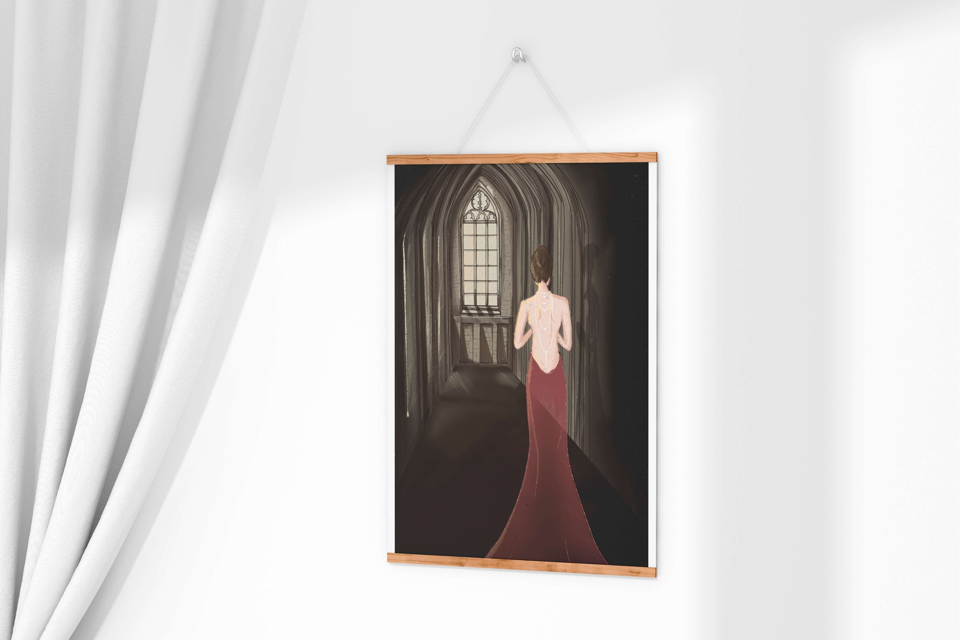 Elegant woman in a red dress inside a gothic hallway