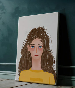 Illustrated portrait of a woman with long brown hair and expressive eyes