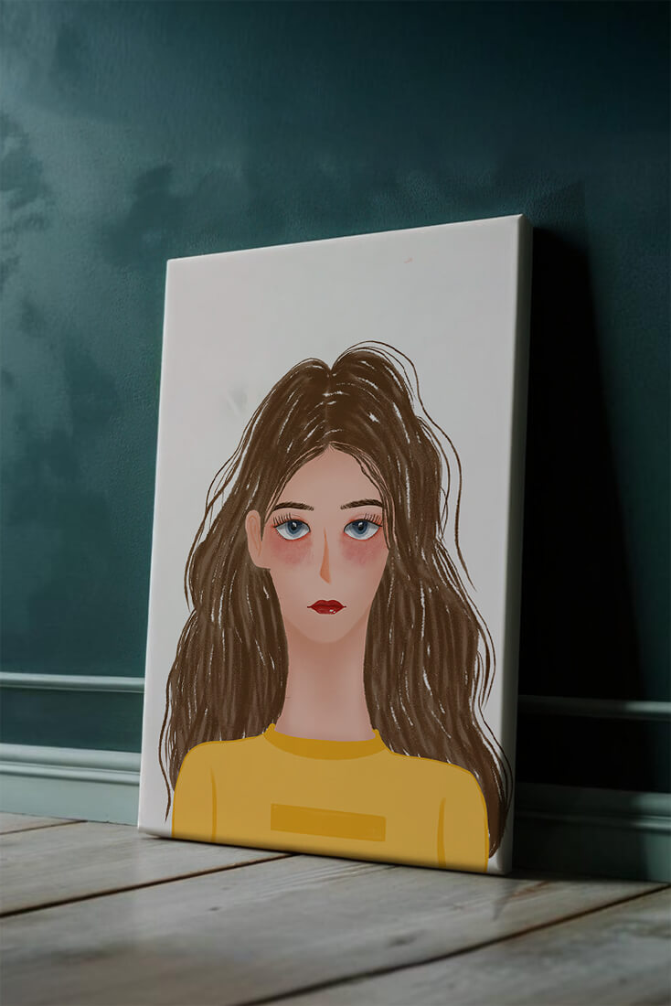 Illustrated portrait of a woman with long brown hair and expressive eyes