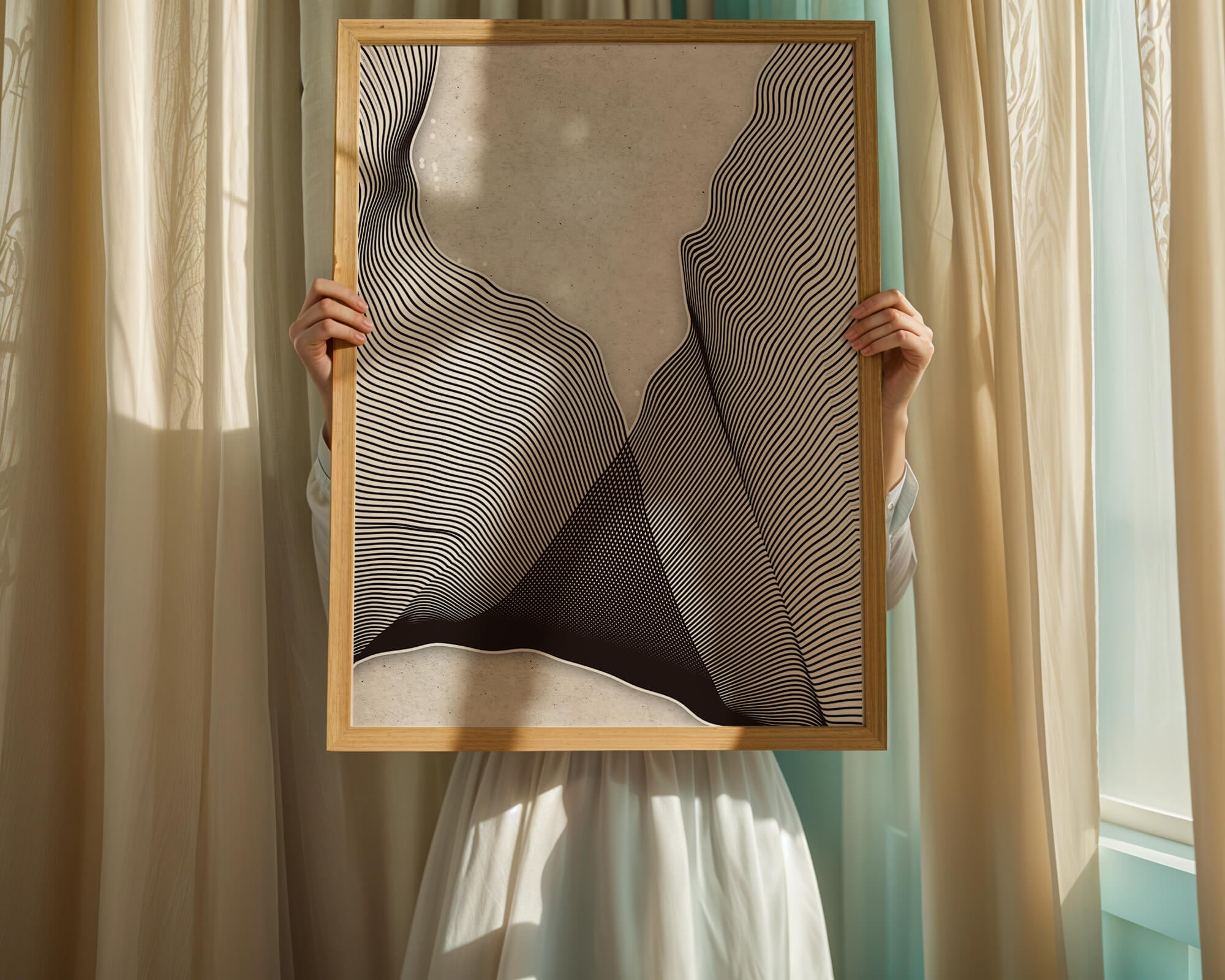 Abstract black and white wave pattern on textured background