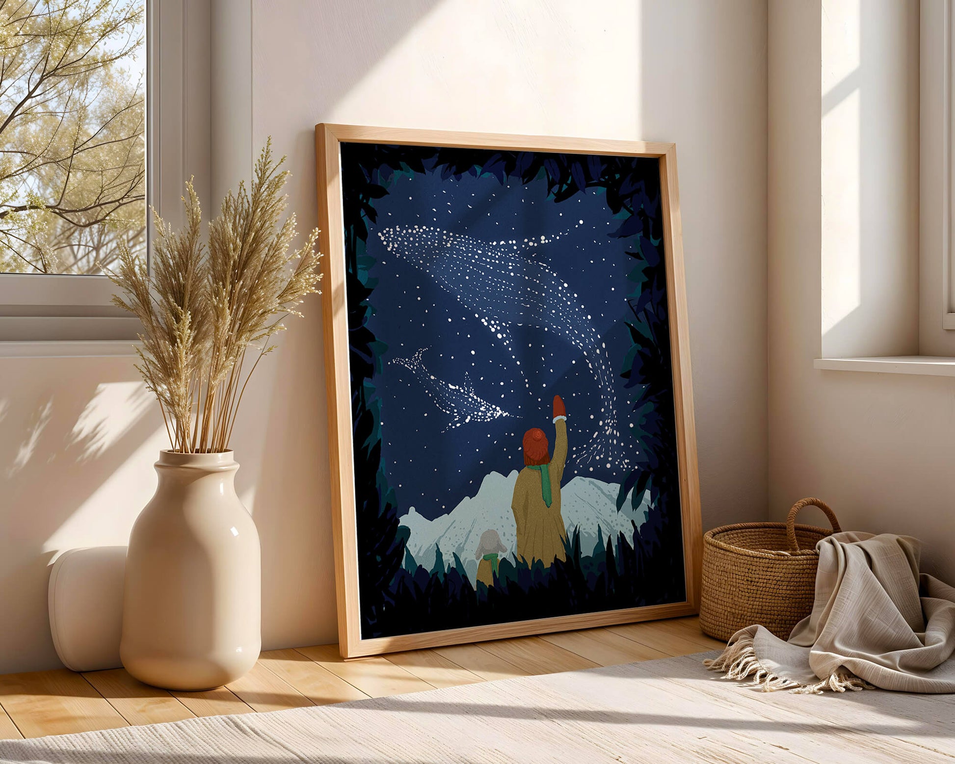 Starry night with whale constellations and mountain scenery