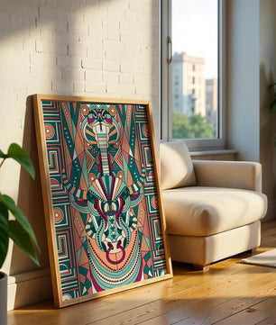 Arte tribal geométrico con motivos de serpiente y toro